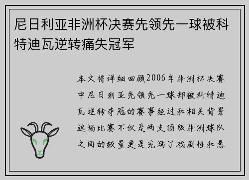 尼日利亚非洲杯决赛先领先一球被科特迪瓦逆转痛失冠军